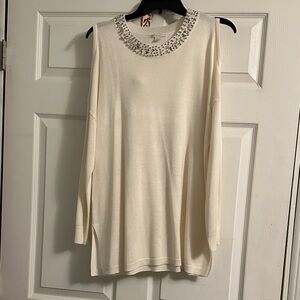 Cato Cream Long Sleeve Embellished Blouse, sz L